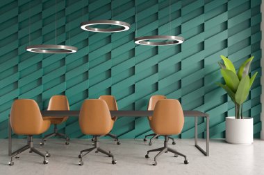 İçi sandalye ve masa dolu yeşil konferans, ön manzara, gri beton zemin. Saksıya ve lambalara bitki koy. Minimalist toplantı köşesi. 3B görüntüleme