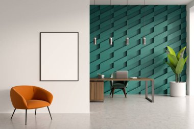 Çalışma masası ve dizüstü bilgisayarı olan hafif bir CEO girişten önce hafif beton zemin, koltuk. Modern bekleme salonu ve danışma odası. Duvara afiş asın. 3B görüntüleme