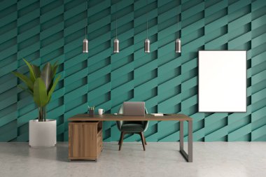 Masasında dizüstü bilgisayarı, koltuğu ve saksı ve lambaları olan hafif bir CEO. Patron için minimalist çalışma alanı. Duvara 3 boyutlu bir poster yapıştırın.