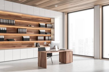 Beyaz ceo oda içi bilgisayar, yan görüş, aydınlık beton zemin. İş belgeleri ve klasörleri olan raflar, şehir manzaralı panoramik pencereler. 3B görüntüleme