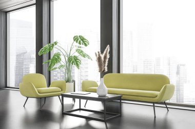 Ofis içi kanepe ve koltuk, yan görünüş, gri beton zemin. Şirkette rahat ol. Singapur şehir manzarasında panoramik pencere. 3B görüntüleme