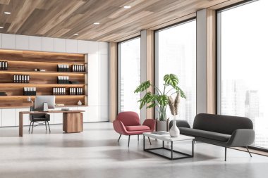 Beyaz iş yeri içi ve serin bölge, koltuklu kanepe. Çalışma masası ve bilgisayar, dolap, yan görüş. Şehir manzarasında panoramik pencere. 3B görüntüleme