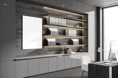 Masa başı bilgisayar, yan görüş, panoramik pencereli genel müdürlük. İçinde belgeler ve süslemeler olan bir dolap. Posteri taklit et, 3D görüntüleme