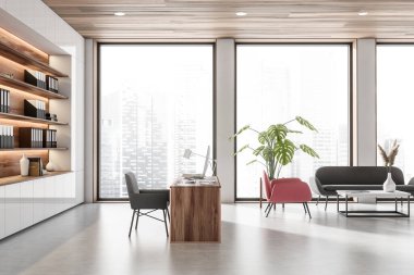 Beyaz iş içi ve rahat bir yer, koltuklu bir koltuk. Çalışma yeri ve bilgisayar, dolap, yan görüş. Singapur şehir manzarasında panoramik pencere. 3B görüntüleme