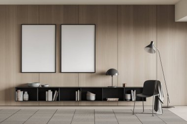 Şezlongda sandalye ve lambayla iç mekan, sanat dekorasyonlu raf, hafif beton zeminde halı. Ahşap duvarda iki tane poster var. 3B görüntüleme