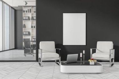 Karanlık ofisin içini boş beyaz poster, Singapur manzaralı panoramik pencereler, koltuklar, dizüstü bilgisayar ve ahşap zemin. Çalışma sürecinin konsepti. Model yap. 3d oluşturma