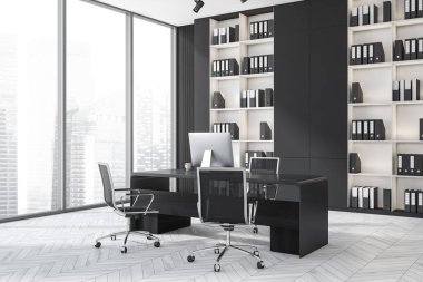 Masasında bilgisayar, yan görüş, beyaz ahşap zeminde koltuklar olan danışma odası. İş belgeleriyle dolu raflar. Singapur şehir manzarasında panoramik pencere. 3B görüntüleme