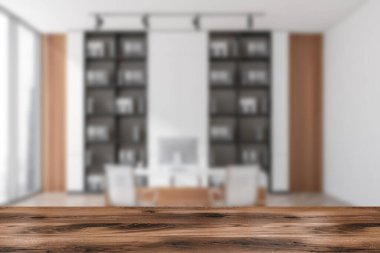 İç mekan, arka planda ahşap masa bilgisayarlı bulanık masa, koltuk, evraklı raf, pencere. Ürün sergisi için bir model. 3B görüntüleme