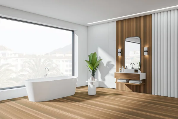 Dřevěná Koupelna Interiér Vanou Umyvadlem Zrcadlem Boční Pohled Stůl Paluba — Stock fotografie