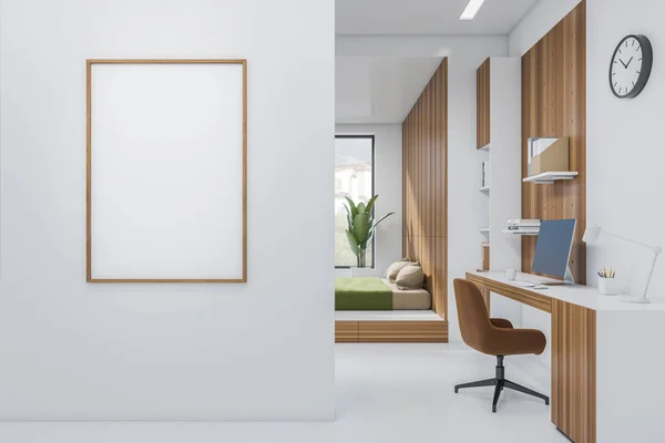 Office interior with sleep area and workspace with desk and pc computer, armchair on white concrete floor. Shelf with books and panoramic window on countryside. Mock up poster, 3D rendering