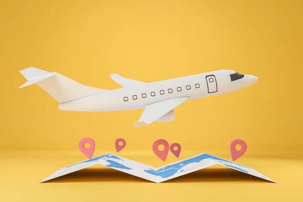 Wit Vliegtuig Dat Wereldwijd Vliegt Papieren Kaart Met Locatiepennen Gele — Stockfoto