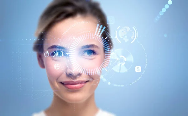 Beautiful woman and eye with digital biometric verification. Face detection and scanner. Concept of face id and artificial intelligence.