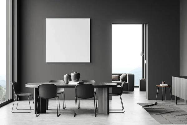 Dunkles Esszimmer Mit Stühlen Und Holztisch Auf Grauem Betonboden Sofa — Stockfoto