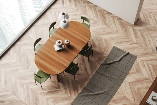 Draufsicht Auf Den Speisesaal Mit Tisch Und Stühlen Teppich Auf — Stockfoto