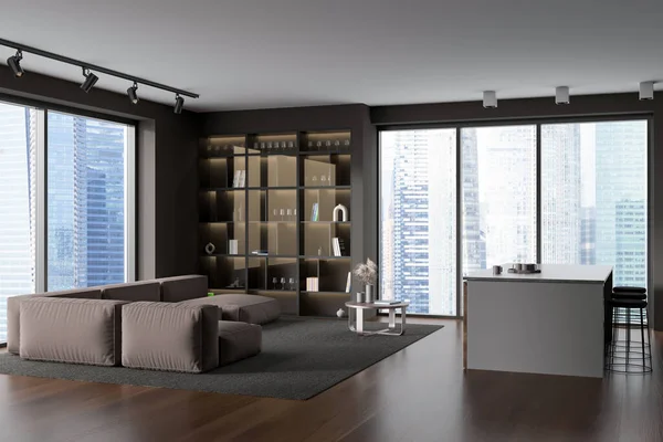 Dark kitchen interior with lounge zone, sofa and coffee table with countertop, side view. Panoramic window on Singapore city view. Open space kitchen in hotel apartment. 3D rendering