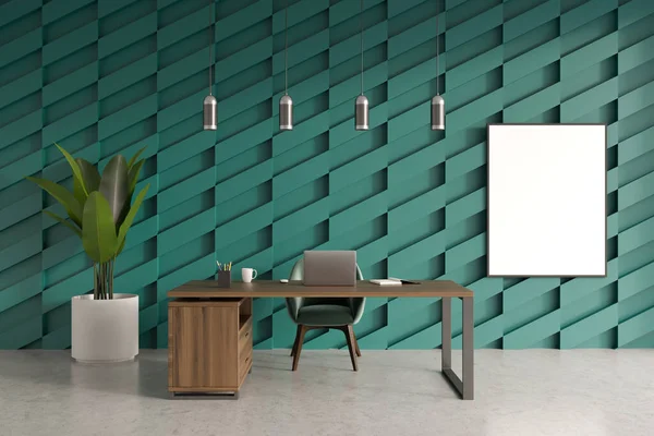 Masasında dizüstü bilgisayarı, koltuğu ve saksı ve lambaları olan hafif bir CEO. Patron için minimalist çalışma alanı. Duvara 3 boyutlu bir poster yapıştırın.