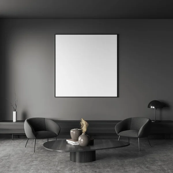 办公室橱柜内的黑暗休闲区 两把扶手椅和配有艺术装饰的咖啡桌 灰色混凝土地板上的橱柜 把空白海报装模作样 3D渲染 — 图库照片
