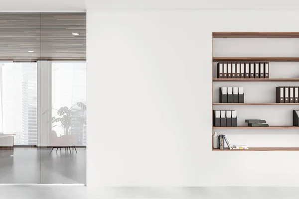 Business room interior with cabinet and documents on shelf, manager workspace behind glass doors, panoramic window on Singapore city view. Mockup copy space. 3D rendering