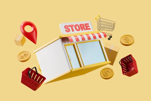 薄い黄色の背景に浮かぶ店や段ボール箱 コインやショッピングバスケット 購入とオンラインショッピングの概念 3Dレンダリング — ストック写真