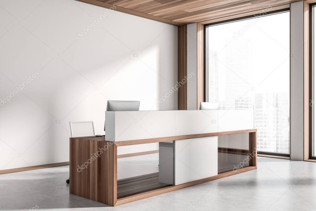 Stylish reception interior with office desk and pc computer. Panoramic window on city view, grey concrete floor. Business hall entrance. Mockup empty white wall, 3D rendering