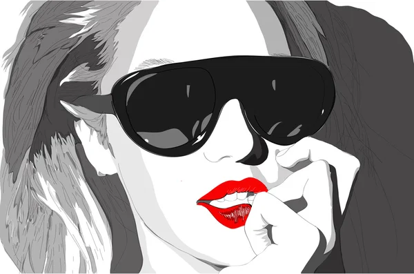 Mujer con gafas negras posando en la cámara — Vector de stock