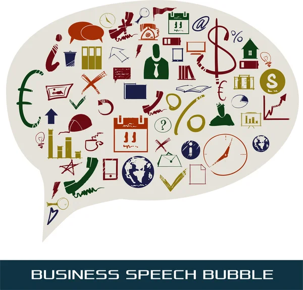 A speech bubble containing multicolored pictures related to business, marketing and data — Stock Vector
