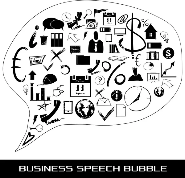A speech bubble containing multicolored pictures related to business, marketing and data — Stock Vector