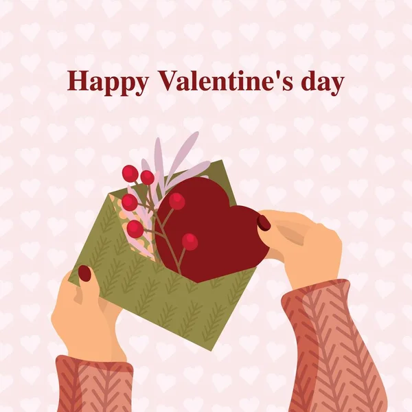 Vector Illustration Valentine Day Greeting Card Hands Envelope Heart Foliage — Stockvector