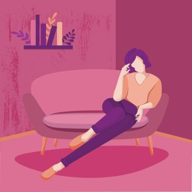 Şık bir kız kanepede oturuyor, bir kitaplık. İllüstrasyon mor trend