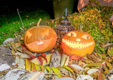 Cadılar bayramı kompozisyonu gülümseyen balkabakları ve cadılar bayramı aksesuarları mısır koçanları, kafatası ve fenerler sonbaharda cadılar bayramı, oyulmuş balkabağı