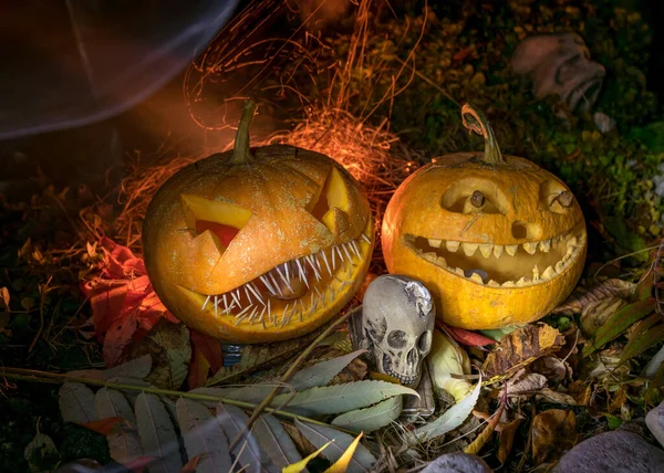 Halloween Composition Smiling Pumpkins Dark Halloween Accessories Corn Cobs Skull — Stock Photo, Image