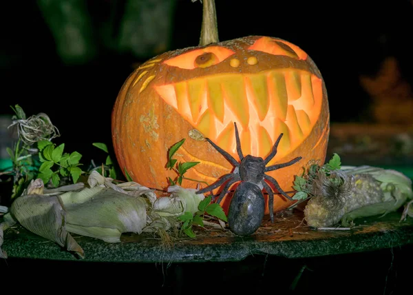 Halloween Motyw Rzeźbiona Dynia Przerażającym Uśmiechem Płonące Świece Pająki Pajęczyny — Zdjęcie stockowe