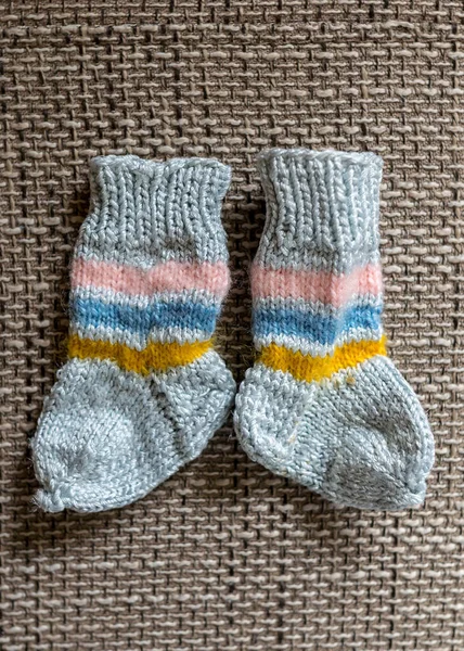 Photography Beautiful Variegated Small Children Socks Handmade Wool Yarn Knitted — Stock Photo, Image
