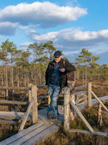 Letonya Daki Kemeri Milli Parkı Nın Ahşap Yürüyüş Yolunda Insan — Stok fotoğraf