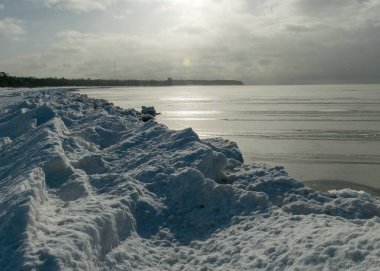 Deniz kenarındaki kış manzarası, deniz kenarındaki karlı buz parçaları ve denizdeki buz dokusu, beyaz kar tabakasıyla kaplı kum tepeleri.