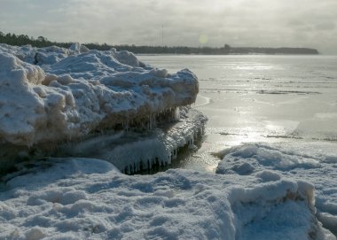 Deniz kenarındaki kış manzarası, deniz kenarındaki karlı buz parçaları, parlayan beyaz kar tabakasıyla kaplı kumullar, kış.
