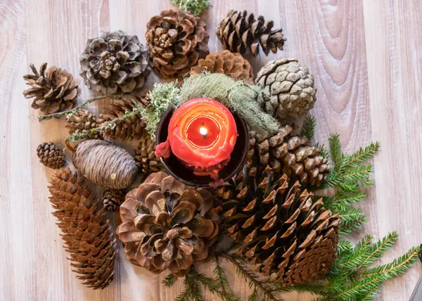 Picture Different Shapes Types Cones Red Candle Preparing Christmas Waiting — Stock Photo, Image