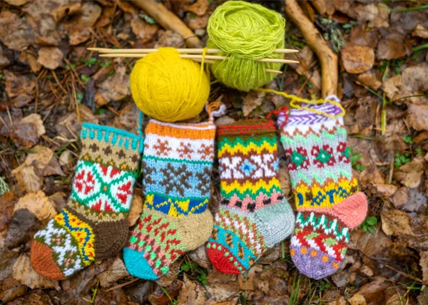 Photography Knitted Socks Natural Earth Background Handicraft Concept Knitting Hobby — Stock Photo, Image
