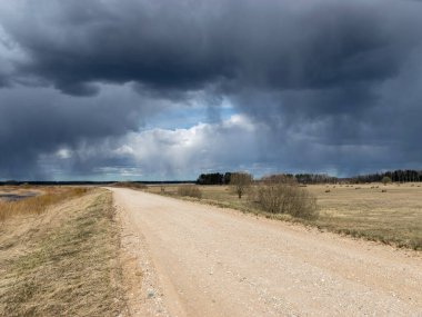 Kırsal bir yolu olan basit kırsal alan, güzel kümülüs bulutları, Silzemnieki çayırları, Burtnieki, Letonya