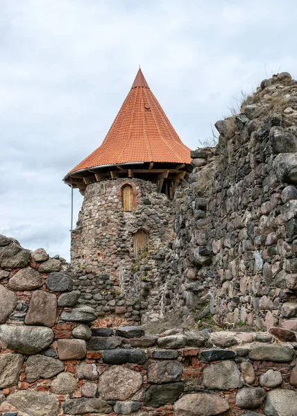 Wczesną Wiosną Krajobraz Widokiem Ruiny Zamku Nowy Jasny Pomarańczowy Dach — Zdjęcie stockowe