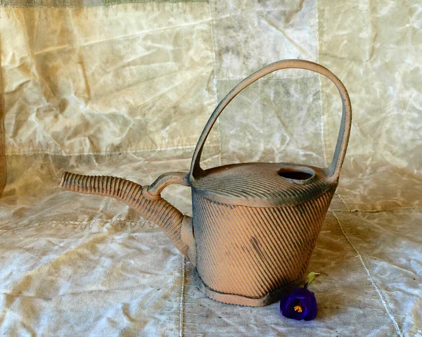 Decorative Clay Mug Crumpled Fabric Background Handmade Still Life — Stock Photo, Image