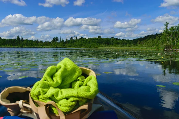 Şeffaf plastik bir teknesi olan manzara, vahşi bir gölü keşfetmek, doğada yaz tatili.