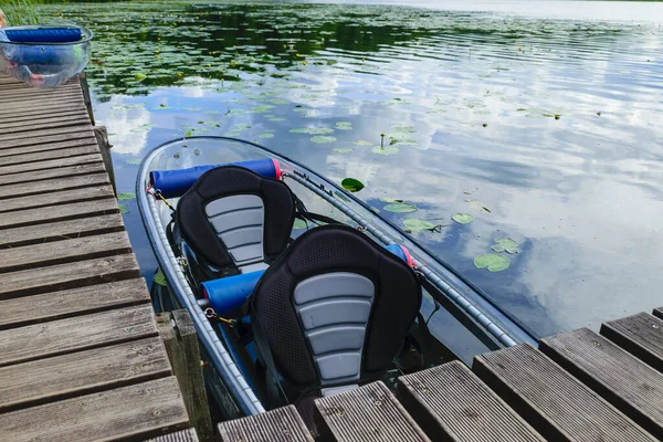 Landscape Transparent Plastic Boat Exploring Wild Lake Summer Recreation Nature — Stock Fotó