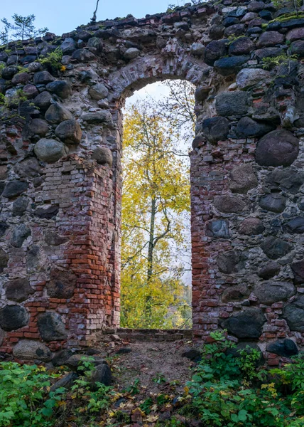 landscape with old church ruins, ruins overgrown with bushes and grass, autumn time, Ergeme Evangelical Lutheran Church was one of the most beautiful churches in Latvia, Latvia