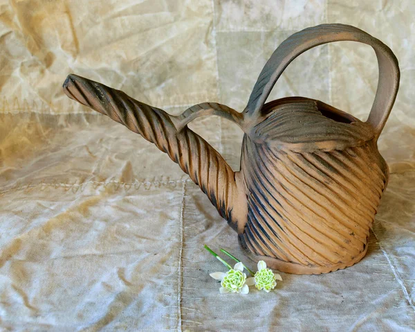Decorative Clay Mug Crumpled Fabric Background Handmade Still Life — Fotografia de Stock