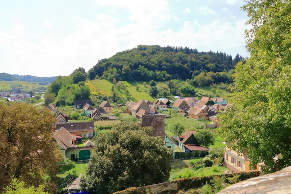 Village Biertan Birthaelm Surrounding Landscape Sibiu County Romania Pohled Opevněného — Stock fotografie