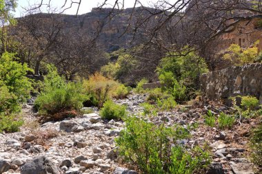 Umman 'daki Jebel Akhdar dağındaki Wadi Bani Habib' de terk edilmiş bir köyün kalıntılarının görüntüsü.
