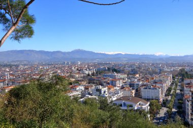 Manavgat city aerial panoramic view in the Antalya region in Turkey from the Turkbeleni Ormani, turkish flag monument