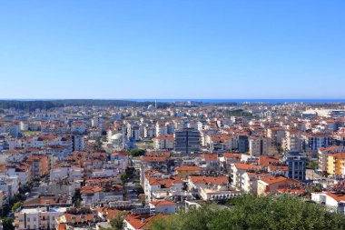 Manavgat city aerial panoramic view in the Antalya region in Turkey from the Turkbeleni Ormani, turkish flag monument