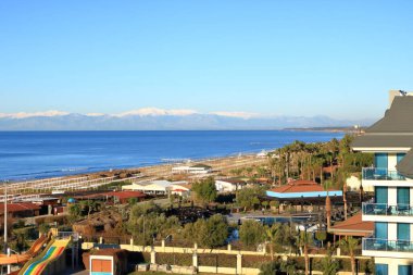 Aerial View Of The Beach On the Turkish Riviera. Evrenseki, Side, Mediterranean Sea Coast, Touristic Beach Antalya